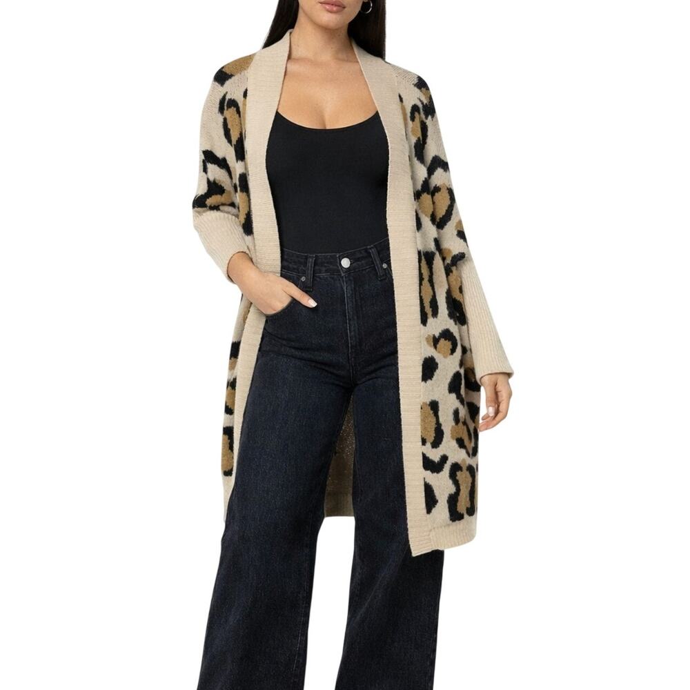 Miss Sparkling Tan Leopard Print Cardigan Animal Print Chunky Knit Medium NWT